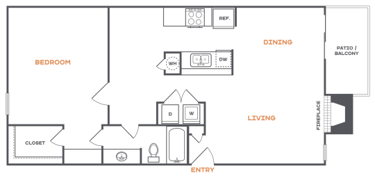 Brookbend A1 floorplan featuring 1 bedroom, 1 bathroom, 790 square feet, with a spacious living area, dining room, and a private patio/balcony.