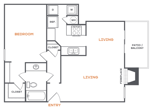 Brookbend A2 floorplan with 1 bedroom, 1 bathroom, 799 square feet, a large living room, and an inviting patio/balcony.