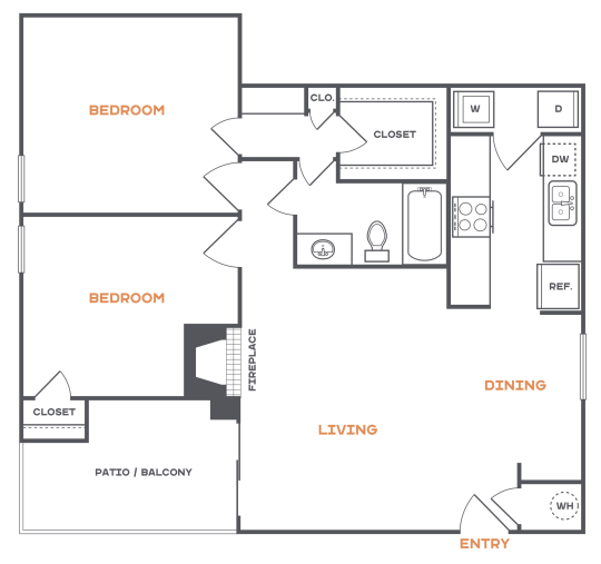 Brookbend B1 floorplan with 2 bedrooms, 1 bathroom, 904 square feet, and a patio/balcony for outdoor enjoyment.