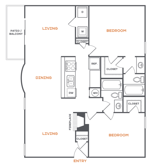 Brookbend B2 floorplan featuring 2 bedrooms, 1 bathroom, 1,140 square feet, with a spacious living area and dining room.