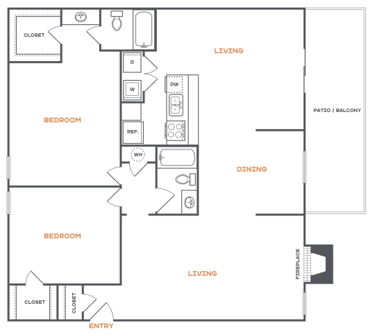 Brookbend B4 floorplan with 2 bedrooms, 2 bathrooms, 1,216 square feet, a spacious living area, and a private patio/balcony.