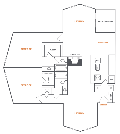 Brookbend B5 floorplan featuring 2 bedrooms, 2 bathrooms, 1,369 square feet, with a large living area and outdoor space.