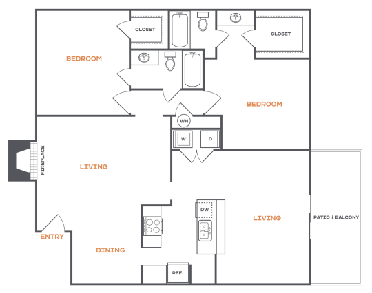 Brookbend B6 floorplan with 2 bedrooms, 2 bathrooms, 1,373 square feet, featuring a spacious design and private patio/balcony.